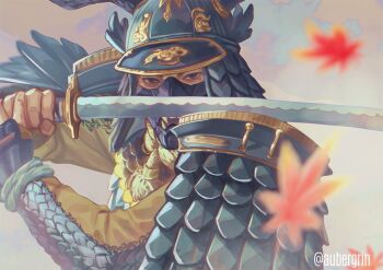 1boy armor aubergrin autumn_leaves black_eyes blurry blurry_foreground commentary depth_of_field english_commentary fake_horns falling_leaves fighting_stance fingerless_gloves ghost_of_tsushima gloves gold_trim helmet highres holding holding_sword holding_weapon horned_helmet horns japanese_armor kabuto_(helmet) katana leaf looking_at_viewer male_focus mask menpoo mole mole_under_eye mouth_mask portrait sakai_jin samurai scale_armor shoulder_armor sode solo sword twitter_username weapon