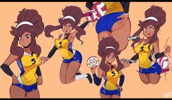 Rule 34 | 1girl, 2021, 20s, adjusting clothes, adjusting shorts, ass, ball, black footwear, blue shorts, breasts, brown hair, collarbone, dark skin, dated, flying sweatdrops, hairband, hand on own hip, holding, holding ball, jumping, long hair, looking at viewer, march, mari (tiaramisstsu), medium breasts, mole, mole on thigh, multiple views, open mouth, orange background, ponytail, red eyes, shirt, shoes, shorts, sleeveless, sleeveless shirt, smile, socks, sportswear, standing, surprised, teeth, tiaramisstsu, volleyball, volleyball (object), volleyball uniform, white socks, yellow shirt