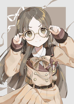 1girl absurdres adjusting_eyewear artist_name belt bow bowtie brown_background brown_bow brown_bowtie brown_hair commentary_request gakuen_idolmaster glasses hair_ornament hands_up highres idolmaster kuramoto_china long_hair long_sleeves looking_at_viewer okuta0_0 parted_bangs plaid_bow plaid_bowtie plaid_clothes skirt smile solo very_long_hair