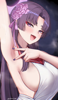 1girl arm_up armpit_focus armpits artist_name bilingual_commentary blue_archive blush breasts commentary cosplay deras english_commentary eyeliner fang flower hair_flower hair_ornament halo highres large_breasts long_hair looking_at_viewer makeup mixed-language_commentary open_mouth paid_reward_available presenting_armpit purple_eyes purple_flower purple_hair purple_halo red_eyeliner red_sailor_collar renge_(blue_archive) renge_(blue_archive)_(cosplay) sailor_collar shirt sideboob signature skin_fang sleeveless sleeveless_shirt smile solo spread_armpit steaming_body sweat twitter_username upper_body white_shirt yukari_(blue_archive)