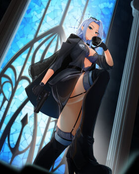 1girl absurdres blue_eyes carlos_cabs gun highres holding holding_gun holding_weapon looking_at_viewer monarch_(amalee) monarch_(mafia)_(amalee) virtual_youtuber vshojo weapon white_hair