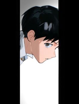 1boy absurdres bad_id bad_twitter_id black_hair closed_mouth collared_shirt gradient_background grey_background grey_eyes highres ikari_shinji looking_at_viewer male_focus neon_genesis_evangelion pillarboxed seeuagain5353 shirt short_hair simple_background solo teeth two-tone_background white_background white_shirt