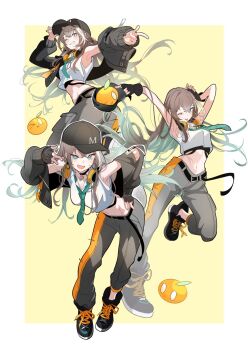 1girl belt black_belt black_choker black_gloves black_hat black_shoes blue_eyes blush breasts brown_hair choker commentary_request commission crop_top fingerless_gloves food fruit full_body gloves green_hair green_necktie grey_pants hat headphones headphones_around_neck highres jacket large_breasts long_sleeves midriff multicolored_hair multicolored_pants multiple_views navel necktie niihatigounana one_eye_closed orange_(fruit) orange_pants original pants pointing puffy_long_sleeves puffy_sleeves shirt shoes simple_background skeb_commission smile solo tongue tongue_out two-tone_hair unworn_hat unworn_headwear unworn_jacket white_shirt