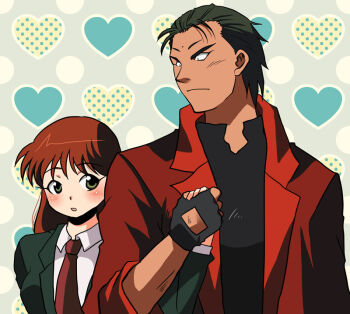 1990s_(style) 1boy 1girl bindi black_hair blue_seed blush brown_hair couple fingerless_gloves formal_clothes fujimiya_momiji gloves green_eyes holding_hands heart heart_background height_difference hetero jacket kusanagi_mamoru long_hair necktie suit tan tapp