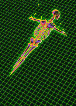 aura bone from_above glowing green_background grid_background iwse_zhang lying no_humans on_stomach original rainbow_gradient skeleton