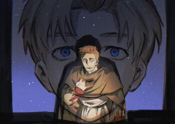 2boys blonde_hair blood blood_on_clothes blue_eyes brown_cape cape chi.:_chikyuu_no_undou_ni_tsuite facial_hair goatee_stubble kadeart male_focus multiple_boys nowak_(chi.) projector rafal_(chi.) short_hair sky standing star_(sky) starry_sky stubble