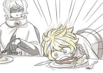 2girls badge black_gloves blonde_hair cape carrot chain chair collar don_quixote_(project_moon) eating f_duck478 faust_(project_moon) food fork gloves gold_trim highres index_(identity)_(project_moon) limbus_company meat multiple_girls plate potato project_moon sharp_teeth short_hair simple_background teeth white_background white_cape white_hair wide-eyed yellow_eyes