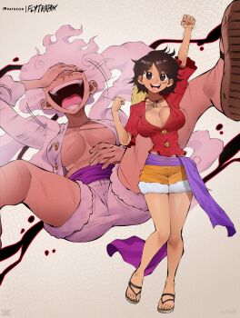 +++ 1girl arm_up artist_name bare_legs black_hair breasts breasts_apart brown_hair buttons cleavage closed_eyes cloud_hair collarbone curly_eyebrows dirty dirty_clothes eyelashes facial_scar flytrapxx fur-trimmed_shorts fur_trim gear_fifth genderswap genderswap_(mtf) haki_(one_piece) hand_on_own_face hand_up hat hat_on_back highres large_breasts laughing legs_up looking_at_viewer luffyko medium_hair monkey_d._luffy multiple_views no_bra official_alternate_color one_piece open_clothes open_mouth open_shirt outstretched_arm parted_bangs patreon_logo red_shirt sandals scar scar_on_cheek scar_on_chest scar_on_face scratches shirt shorts smile spread_legs standing straw_hat toes unbuttoned white_hair white_shirt white_shorts yellow_shorts