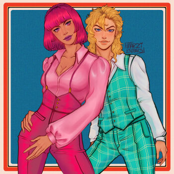 1boy 1girl blonde_hair blue_eyes diego_brando eyelashes highres hot_pants_(sbr) jojo_no_kimyou_na_bouken lips marzimars nose pants pink_eyes pink_hair shirt short_hair smile steel_ball_run vest