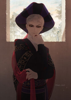 1boy absurdres backlighting closed_mouth commentary_request grey_hair hat highres jewelry long_sleeves looking_at_viewer male_focus ring rollo_flamme roro_(haru_roro2) shirt short_hair solo striped_clothes striped_shirt thinking tricorne twisted_wonderland twitter_username window