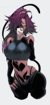 1girl abs artist_name bare_shoulders bleach bleach:_sennen_kessen-hen breasts crop_top dark-skinned_female dark_skin detached_sleeves female_focus hair_ornament highres holding holding_phone kinakomochi_(user_vedc2333) large_breasts long_hair navel phone ponytail purple_hair shihouin_yoruichi simple_background tail yellow_eyes