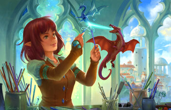 1girl ahoge aqua_shirt blue_fire blue_gemstone breath_weapon breathing_fire building chisel city closed_mouth commentary cross-laced_clothes cross-laced_top dragon elf english_commentary fire gem glass glass_ornament glass_shard glass_shards green_eyes holding_glass_shard indoors jar juliet_sleeves leather leather_sleeves leather_vest long_sleeves looking_at_object medium_hair original pointy_ears puffy_sleeves red_hair sandara shirt small_dragon solo tools tower upper_body vest window