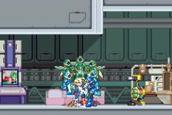 2girls 3092_jack alouette_(mega_man) animated blonde_hair ciel_(mega_man) fellatio green_eyes mega_man_(series) mega_man_zero_(series) multiple_girls nipples nude oral penis pixel_art pussy sex tagme vaginal video