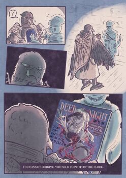 2boys animal_head arm_up armor ass bird_boy breastplate breasts cleavage conch covering_own_eyes elbow_gloves elden_ring elden_ring_nightreign english_text fe_neighbours_(artist) feathered_wings full_body gloves guardian_(elden_ring) hat highres holding jitome magazine_(object) multiple_boys panties pauldrons recluse_(elden_ring) robe shield shield_on_back shoulder_armor smile standing talons underwear upper_body white_hair wide_sleeves wings