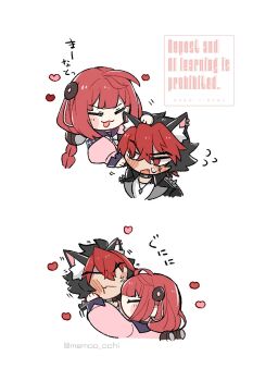 1boy 1girl :3 anger_vein animal_ear_fluff animal_ears black_hair black_jacket blush braid braided_twintails cardigan chibi chibi_only closed_eyes closed_mouth commentary dog_boy dog_ears ear_piercing english_text fang hair_between_eyes hair_ornament hand_on_another&#039;s_head hands_on_another&#039;s_cheeks hands_on_another&#039;s_face headpat hearing_aid heart highres jacket jewelry komano_manato long_hair looking_at_another memoo_cchi motion_lines multicolored_hair necklace no_eyes no_pupils open_mouth piercing pink_cardigan red_eyes red_hair scar scar_across_eye scar_on_face shirt short_hair shoulder_spikes skin_fang sphere_hair_ornament spiked_jacket spikes squeezing_cheeks sweatdrop symbol-only_commentary ukinami_yuzuha upper_body white_background white_shirt zenless_zone_zero