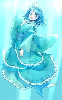 1girl :d blue_eyes blue_hair blue_sash blush commentary_request drill_hair fins frilled_kimono frills full_body green_kimono head_fins japanese_clothes kimono light_rays long_sleeves medium_hair mermaid monster_girl obi one-hour_drawing_challenge open_mouth rangycrow sash sideways_glance smile solo touhou twin_drills underwater wakasagihime