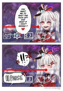 ! !! 1girl :d anger_vein bare_shoulders black_choker black_hat braid choker clothing_cutout commentary english_commentary facial_mark gagged hair_intakes hat heart highres honkai:_star_rail honkai_(series) hyacine_(honkai:_star_rail) long_hair mamaprofennn mini_hat mini_top_hat one_eye_closed open_mouth pink_eyes shoulder_cutout smile sparkle_(honkai:_star_rail) sparxie_(honkai:_star_rail) spoken_exclamation_mark top_hat twintails white_hair youtube