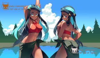 1girl ariekochan armpits bikini black_hair black_sarong blue_eyes blue_hair blue_sky breasts closed_mouth cloud collarbone dark-skinned_female dark_skin earrings eyeshadow hair_bun highres hoop_earrings jewelry lake large_breasts long_hair looking_at_viewer makeup multicolored_hair multiple_views navel nessa_(pokemon) nintendo official_alternate_costume outdoors pine_tree pokemon pokemon:_twilight_wings pokemon_sword_and_shield red_bikini sarong sky smile stretching swimsuit tree two-tone_hair water