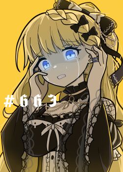 Rule 34 | 1girl, absurdres, backlighting, black bow, black dress, black sleeves, blonde hair, blue eyes, bow, choker, crying, detached sleeves, dishthecatlover, dress, earrings, glowing, glowing eyes, highres, jewelry, long hair, mahou shoujo no majo saiban, ring, saeki miria, scared, simple background, solo, sweat, tears