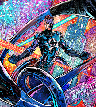 Rule 34 | 1boy, abstract background, black gloves, blue bodysuit, bodysuit, building, colorful background, dynamic pose, extendable limbs, fantastic four, glint, gloves, highres, looking at viewer, marvel, marvel snap, multicolored bodysuit, multicolored hair, official art, reed richards, science fiction, short hair, solo, solo focus, spandex, stretching, superhero costume, two-tone bodysuit, two-tone hair, vinartwork, western comics (style)