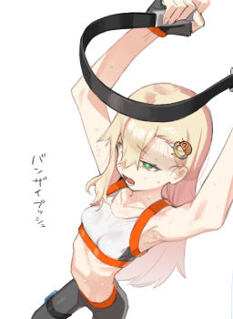 1girl blonde_hair borrowed_character exercising green_eyes hair_between_eyes highres muchi_maro open_mouth pants simple_background sweat tank_top white_background yoga_pants