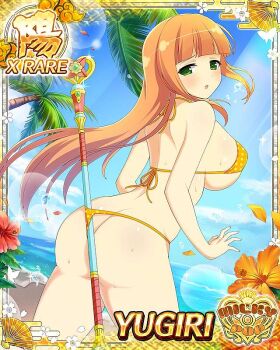 1girl :o ass ass_focus beach bikini blush border breasts butt_crack card_(medium) caught character_name dress english_text flower game_cg green_eyes hime_cut large_breasts looking_at_viewer looking_back non-web_source ocean official_alternate_costume official_art orange_bikini orange_hair palm_tree polka_dot polka_dot_bikini see-through_clothes see-through_dress senran_kagura senran_kagura_new_wave snagged solo staff string_bikini sunlight swimsuit thong_bikini tree yugiri_(senran_kagura)