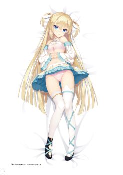 1girl absurdres ahoge aqua_ribbon ascot asymmetrical_footwear bare_shoulders bed_sheet black_shoes blonde_hair blue_eyes blunt_ends blush bra breasts clothes_lift crossed_bangs dakimakura_(medium) detached_sleeves eyes_visible_through_hair from_above frown full_body gluteal_fold hair_between_eyes hair_ornament hair_spread_out head_tilt highres interlocked_fingers knees_together_feet_apart kobuichi leaf_print leg_ribbon long_hair long_sleeves looking_at_viewer lying miniskirt mismatched_footwear navel official_art on_back open_mouth own_hands_together panties pink_bra pink_panties ribbon shirayuki_noa shirt shirt_lift shoes shy skirt skirt_lift sleeveless sleeveless_shirt small_breasts solo straight_hair tenshi_souzou_re-boot! thighhighs thighs third-party_source two_side_up underwear very_long_hair white_ascot white_shirt white_sleeves white_thighhighs wide_sleeves wing_hair_ornament