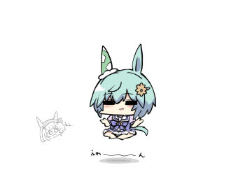 2girls animal_ears barefoot blue_hair blush_stickers bow brown_flower chibi closed_eyes facing_viewer floating flower hair_between_eyes hair_flower hair_ornament hairband hairclip highres horse_ears horse_girl horse_tail kawamochi_(kawauti919) levitation multiple_girls nishino_flower_(umamusume) parted_lips pleated_skirt puffy_short_sleeves puffy_sleeves purple_bow purple_shirt seiun_sky_(umamusume) shirt short_sleeves simple_background skirt smirk tail umamusume white_background white_skirt x_hair_ornament