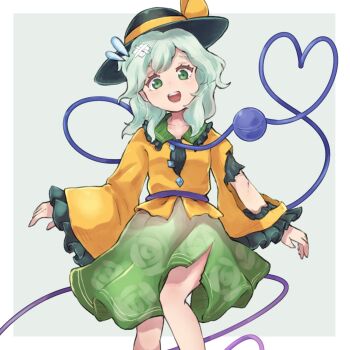 1girl bandaid bandaid_on_head black_hat border bow commentary_request floral_print floral_print_skirt frilled_sleeves frills green_eyes green_hair green_skirt hat hat_bow highres karua_m komeiji_koishi looking_at_viewer medium_hair open_mouth outside_border print_skirt rose_print shirt skirt solo teeth third_eye torn_clothes touhou upper_teeth_only white_border yellow_bow yellow_shirt