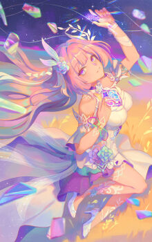 1girl absurdres bare_shoulders breasts commentary_request cyrene_(honkai:_star_rail) cyrene_(ripples_of_past_reverie)_(honkai:_star_rail) diamond-shaped_pupils diamond_(shape) dress flower hair_flower hair_ornament high_heels highres holding_puzzle_piece honkai:_star_rail honkai_(series) large_breasts long_hair looking_at_viewer muxing_hu parted_lips pink_hair purple_eyes puzzle_piece sky solo star_(sky) starry_sky symbol-shaped_pupils very_long_hair wheat wheat_field white_dress