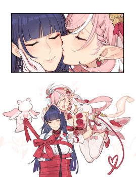 2girls braid braided_bangs breasts cleavage closed_eyes closed_mouth dress earrings elysia_(hi_love_elf)_(honkai_impact) elysia_(honkai_impact) heart heart_earrings highres honkai_(series) honkai_impact_3rd jewelry kiss kissing_cheek large_breasts long_hair maiqo multiple_girls open_mouth pink_hair pointy_ears purple_hair raiden_mei raiden_mei_(apho) shirt smile sweatdrop thighhighs very_long_hair white_dress white_shirt white_thighhighs wrapped_up yuri