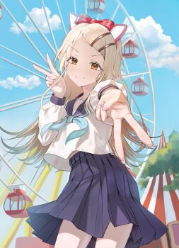 1girl absurdres amusement_park animal_ears black_skirt blonde_hair blush bow_hairband colored_eyelashes commentary double_v fake_animal_ears ferris_wheel fingernails foreshortening gakuen_idolmaster gyaru_v hairband highres idolmaster kinoko_(alcyone1018) korean_commentary long_hair looking_at_viewer orange_eyes outdoors pleated_skirt school_uniform serafuku shinosawa_hiro shirt skirt skirt_rolled_up smile solo thighs v very_long_hair white_shirt