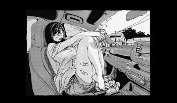 1girl :p bandaid bandaid_on_leg bandaid_on_thigh black_border border breasts car_interior cup drinking_glass greyscale hachinuki_tessei highres holding holding_cup jimiko jitome looking_at_viewer mob_face moire monochrome original round_eyewear semi-rimless_eyewear she_(hachinuki_tessei) shirt shoes short_hair shorts sitting sneakers solo t-shirt tongue tongue_out under-rim_eyewear unworn_shoes