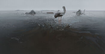 abandoned animal bird building commentary english_commentary flood grey_sky highres kakhovka no_humans oak_andr original partially_immersed real_world_location ruins russo-ukrainian_war scenery sky stork terrorism ukraine utility_pole war water white_bird