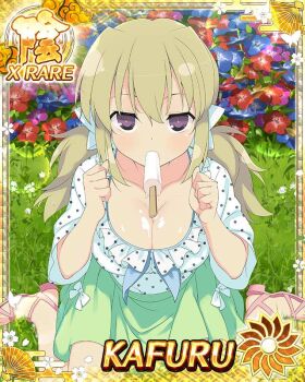 1girl blonde_hair border breasts card_(medium) character_name cleavage clenched_hands day flower food food_in_mouth food_on_body food_on_breasts game_cg green_skirt holding holding_food holding_popsicle kafuru_(senran_kagura) looking_at_viewer looking_up low_twintails medium_breasts medium_hair melting melting_popsicle mouth_hold official_art on_grass outdoors phallic_symbol polka_dot polka_dot_shirt popsicle popsicle_in_mouth popsicle_stick purple_eyes sandals senran_kagura senran_kagura_new_wave sexually_suggestive shirt short_twintails sitting skirt solo twintails wariza white_shirt yellow_pupils