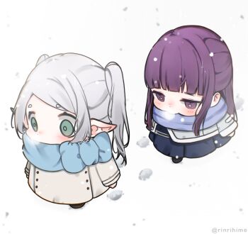 2girls blue_dress blue_scarf blunt_bangs blush breath bright_pupils chibi chibi_only coat commentary dot_nose dress elf english_commentary fern_(sousou_no_frieren) footprints frieren green_eyes grey_hair highres jacket long_hair long_sleeves multiple_girls parted_bangs pointy_ears purple_eyes purple_hair rinrihime scarf short_eyebrows sidelocks snow sousou_no_frieren twitter_username walking white_coat white_jacket white_pupils winter_clothes winter_coat
