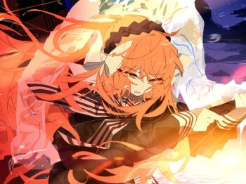 1girl black_shirt bow brown_hairband character_request clenched_teeth cloud dark_cloud e.g.o_(project_moon) eyes_visible_through_hair film_grain freckles hair_bow hairband holding holding_rope ishmael_(project_moon) lemonail light_particles limbus_company long_hair long_sleeves one_eye_closed orange_hair project_moon pulling rope sailor_collar shirt sky snagharpoon_(e.g.o) teeth veins very_long_hair wet white_bow yellow_eyes