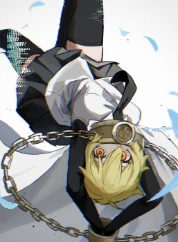 1girl artist_name black_necktie black_skirt black_sleeves black_thighhighs blonde_hair cape chain collared_shirt don_quixote_(project_moon) hair_between_eyes highres leg_up limbus_company long_sleeves looking_at_viewer miniskirt necktie nectaaa orange_eyes project_moon shirt short_hair skirt thighhighs twitter_username upside-down white_cape white_shirt