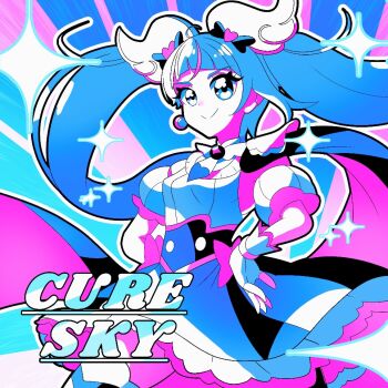 1girl character_name closed_mouth commentary_request cure_sky dress eyelashes fingerless_gloves gloves hair_ornament hirogaru_sky!_precure limited_palette long_hair omega_takai precure puffy_short_sleeves puffy_sleeves short_sleeves smile solo sunburst sunburst_background twintails very_long_hair wing_hair_ornament