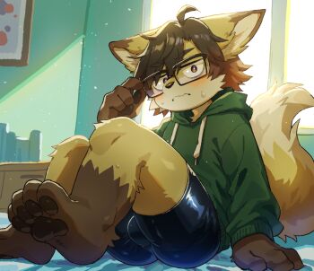 1boy adjusting_eyewear ahoge animal_ears animal_feet animal_nose backlighting bike_shorts black-framed_eyewear blush body_fur brown_eyes brown_hair bulge closed_mouth commentary_request drawstring embarrassed feet fewer_digits fox_boy fox_ears fox_tail furry furry_male glasses green_hoodie hood hood_down hoodie indoors kuzugitsune_(inarikami) light_particles male_focus on_bed original pawpads sitting solo sweat tail window