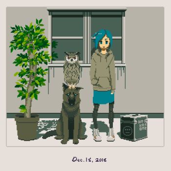 1girl animal animated animated_gif bird black_legwear blue_eyes blue_hair blue_skirt dated dog hand_in_pocket hood hoodie motocross_saito one_side_up original owl pixel_art plant potted_plant shoes skirt standing window
