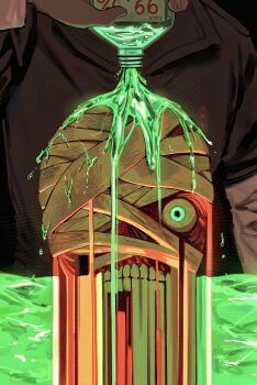 1boy a-kai202 bandage_over_one_eye bandaged_head bandages black_shirt bottle collared_shirt commentary curly_(mouthwashing) curly_(post-crash)_(mouthwashing) dripping english_commentary glowing glowing_eyes head_out_of_frame highres holding holding_bottle horror_(theme) jimmy_(mouthwashing) layered_sleeves liquid long_sleeves looking_at_viewer male_focus melting mouthwash mouthwashing pouring shirt short_over_long_sleeves short_sleeves solo teeth wide-eyed