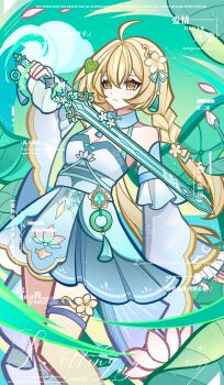 1girl absurdres ahoge bare_shoulders blonde_hair braid breasts chinese_commentary chinese_text closed_mouth commentary_request detached_sleeves dress english_text flower hair_between_eyes hair_flower hair_ornament highres holding holding_sword holding_weapon long_hair long_sleeves looking_at_viewer lotus mixed-language_text nius_invokation_tcg(style) original sisan_eryi solo sword twin_braids watermark weapon white_dress white_flower wide_sleeves yellow_eyes