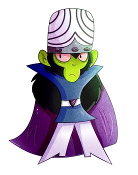 1boy arms_behind_back belt black_eyes black_fur blue_tunic boots cape chimpanzee colored_sclera colored_skin danishdoggo facing_viewer frown green_skin helmet looking_at_viewer male_focus mojo_jojo pants powerpuff_girls purple_cape red_sclera simple_background sleeveless solo tunic white_background white_belt white_boots white_pants