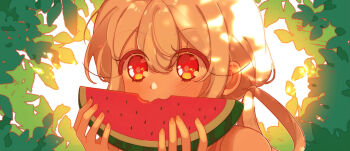 1girl blush commentary_request covered_mouth dappled_sunlight food food_bite fruit hair_between_eyes hair_rings highres holding holding_food holding_fruit holding_watermelon leaf matoi_(pso2) nail_polish phantasy_star phantasy_star_online_2 pink_nails portrait red_eyes sitwocution solo sunlight watermelon watermelon_slice white_background white_hair