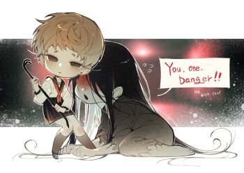 Rule 34 | 1boy, 1girl, adashino adami, all fours, black hair, black kimono, blood, blood on face, brown eyes, brown hair, chibi, commentary request, crowbar, english text, highres, holding, holding crowbar, homicipher, japanese clothes, kimono, korean commentary, long hair, mr. crawling, school uniform, serafuku, short hair, skirt, sweeeet him, very long hair