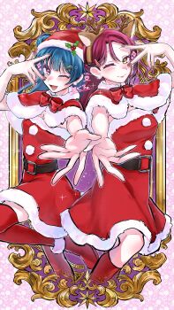 2girls absurdres alternate_costume animal_ears belt black_belt black_boots blue_hair blurry blush boots christmas commentary_request deer_ears dress fake_animal_ears hat highres long_hair love_live! love_live!_sunshine!! multiple_girls nail_polish one_eye_closed open_mouth red_eyes red_hair sakurauchi_riko santa_costume santa_dress santa_hat smile standing tsushima_yoshiko v yellow_eyes zokuro_1018
