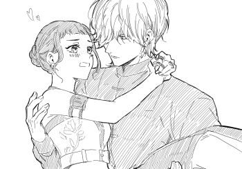 Rule 34 | 1boy, 1girl, arm pouch, blush, carrying, carrying person, double bun, greyscale, hair bun, hair over one eye, hashtag-only commentary, heart, jewelry, kpop demon hunters, looking at another, m39sb, monochrome, mystery (kpop demon hunters), ring, short bangs, short hair, sidelocks, simple background, upper body, zoey (kpop demon hunters)