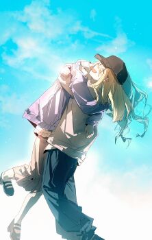 2girls absurdres bang_dream! bang_dream!_it&#039;s_mygo!!!!! baseball_cap black_hat blonde_hair blue_hair blue_pants brown_skirt closed_eyes commentary_request hat highres hug jacket long_hair lu_bian_de_yecao_zai_changge misumi_uika multiple_girls open_mouth pants purple_jacket shirt skirt sky togawa_sakiko white_shirt