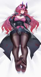 Rule 34 | 1girl, absurdres, arknights, ascalon (arknights), belt, black gloves, black pantyhose, blush, breasts, choker, cleavage, covering crotch, covering privates, facial mark, gins, gloves, highres, horns, long hair, looking at viewer, lying, on back, paid reward available, pantyhose, pencil skirt, pointy ears, puffy sleeves, purple hair, skirt, solo, teardrop facial mark, thighband pantyhose, variant set, yellow eyes